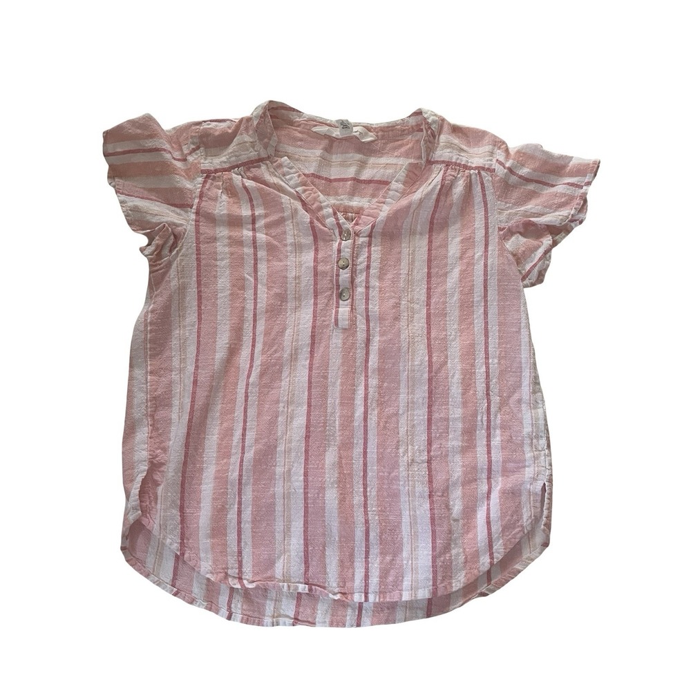 French Laundry Women's Size M V-Neck Short Sleeve Shirt Stripe Pink White Cotton
